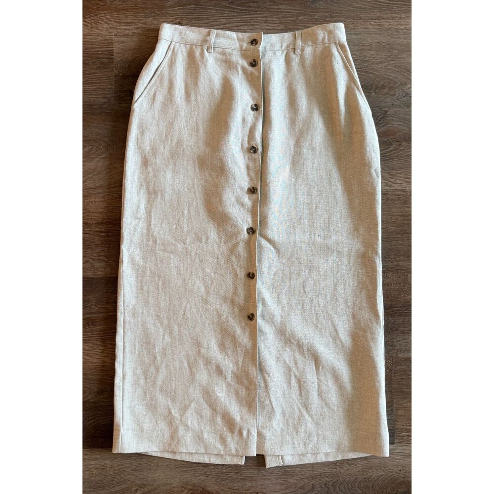 Jones New York Sport Linen Button Front Midi Pencil Skirt Size 12 Natural